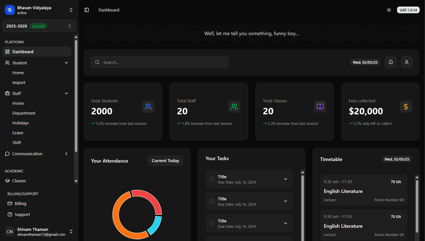 Eduflask school management dashboard with attendance, fees, and reports